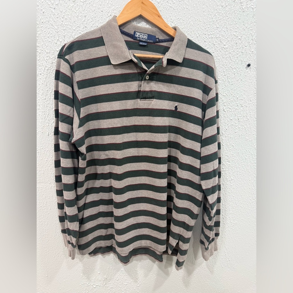 Vintage Men L Polo by Ralph Lauren Long Sleeve Striped Rugby Polo - Green/Grey